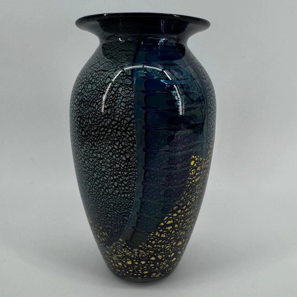 Robert Eickholt Signed Studio Art Glass Vase Blue Gold Leaf Iridescent Crackle